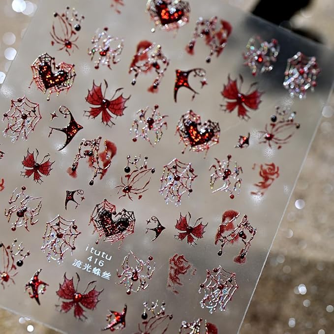 Halloween Nail Stickers for Nail Art 5D Red Rhinestone Spider Nails Decals Self Adhesive Bloody Butterfly Heart Spider Web Design Halloween Spider Nails Art Stickers for Women Manicure Supplies 1PCS