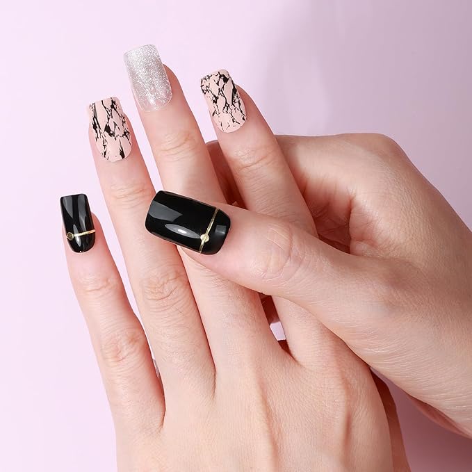 WOKOTO Semi Cured Gel Nail Strips (Black Glitzy)-16 Pcs Gel Nail Stickers | Gel Nail Wraps | UV Light Required, Salon Quality & Easy to Use, Real Nail Polish Strips Stick On Nails with Nail File