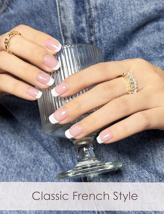 Semi Cured Gel Nail Strips, 20pcs Classic French, Semitransparent Pink Base, Gel Nail Stickers UV for Home Nails DIY