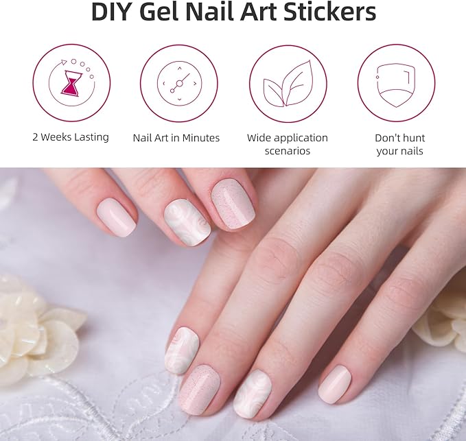 Semi Cured Gel Nail Strips | 28 pcs Gel Nails Strips for Women Work with Any UV Lamp, UV Nail Stickers for Women Home DIY Nails Art(Pink Rose)