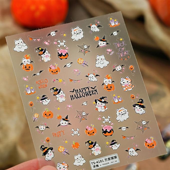 Halloween Nail Stickers for Nail Art - Cute Cat Ghost Nail Art Sticker Halloween 5D Embossed Nail Decals Self-Adhesive Nails Supply Manicure Stickers for Nails Decoration