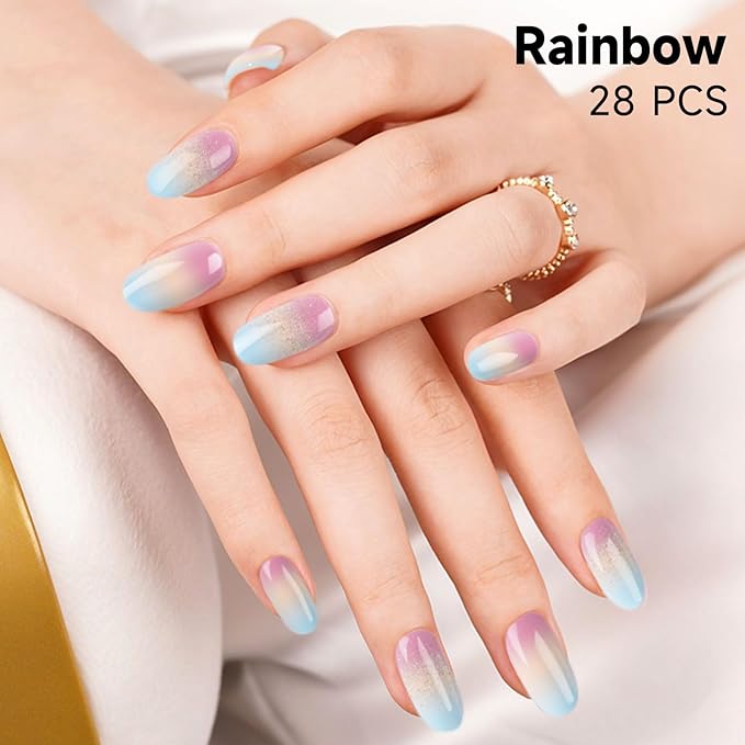 Semi Cured Gel Nails Strips - 28 pcs UV Gel Nail Stickers for Women Work with Any UV Lamp, Long Lasting Nail Wraps for Home DIY Nails Art