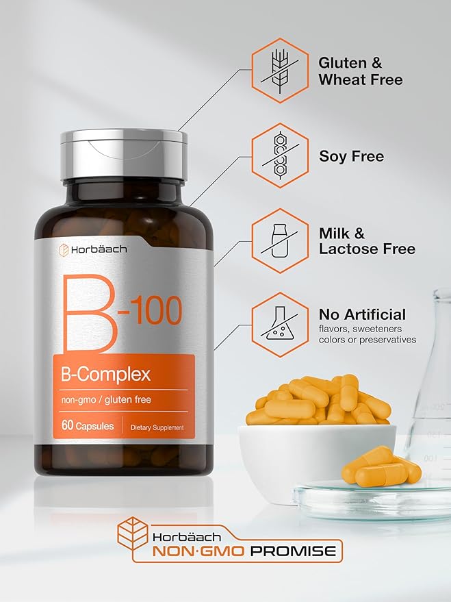 Horbäach B-100 Complex Vitamin | 60 Capsules | Non-GMO and Gluten Free Supplement