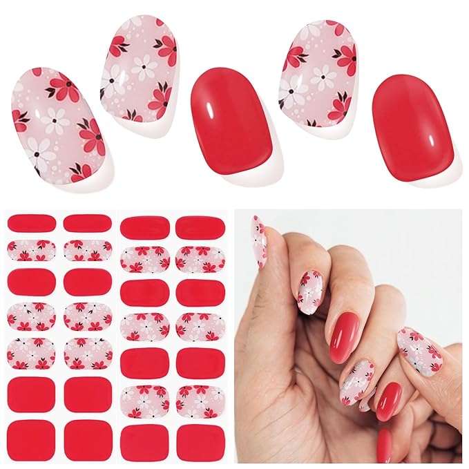 Semi Cured Gel Nail Strips, Red | 28 pcs Gel Nail Strips Work with Any UV Lamp, Salon Quality UV Nails Stickers, Easy to Apply for Home Nails DIY