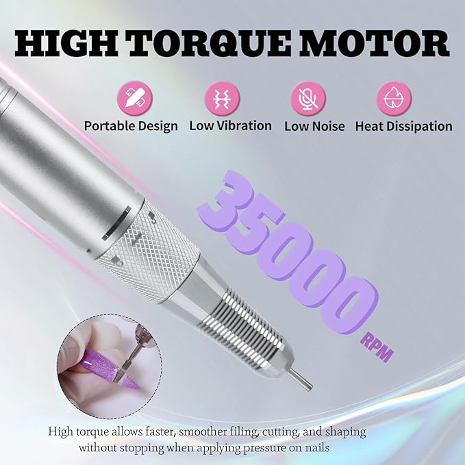 Electric Nail Drill Machine 35000RPM Professional Portable Nail File Cordless Rechargeable Nail Efile for Acrylic Gel Nails Manicure Pedicure Polishing Shape Tools for Salon (Silver)