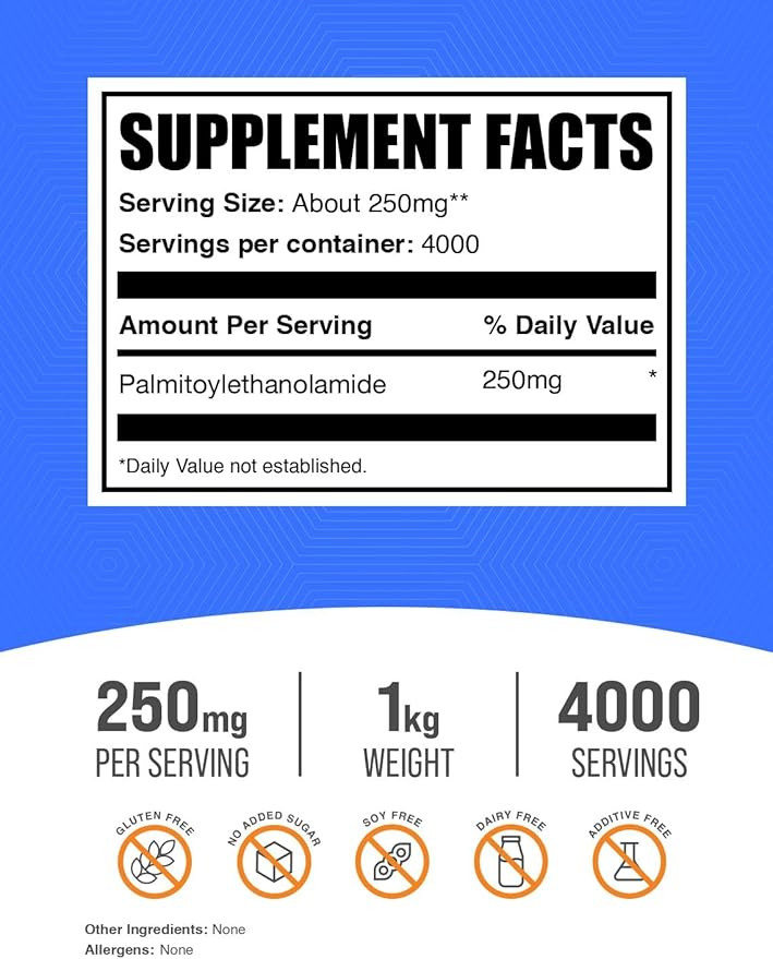BulkSupplements.com Palmitoylethanolamide Powder - Pea Supplement, Palmitoylethanolamide 250mg - Immmune Support, Gluten Free, 250mg per Serving, 1kg (2.2 lbs) (Pack of 1)