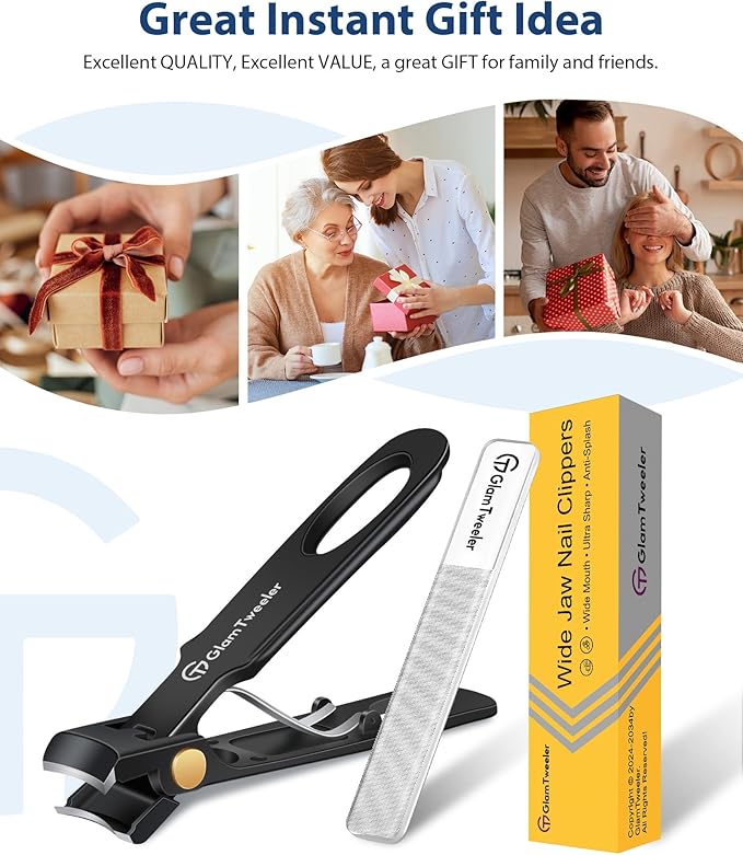 Anti-Splash Wide Jaw Opening Nail Clippers - GlamTweeler Ultra Sharp Extra Large Wide Opening Fingernail and Toenail Clipper with Glass Nail File (Black_Curved)
