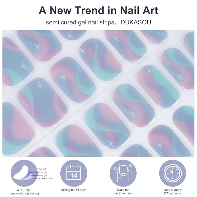 Semi Cured Gel Nail Strips,28 PCS Gel Nail Stickers Nails Wraps for Women (Colorful Aurora),Long Lasting Stickers with UV Light Required,Easy to Apply