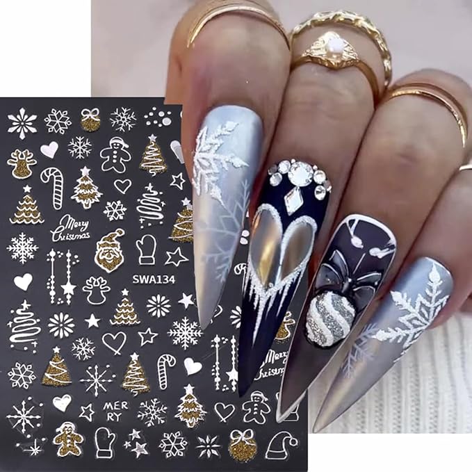 Christmas Nail Art Stickers Decals Winter Snowflake Tree Christmas Nail Stickers 6PCS Gold Silver Crystal Ball Candy Elk 3D Self-Adhesive Xmas Nail Decals Nail Art Supplies for Women Nail Decorations
