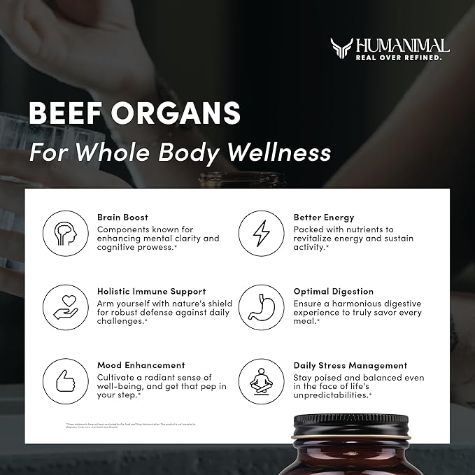 Humanimal Beef Organ Supplement | Beef Organ Capsules | 100% Grass-Fed & Finished, Freeze-Dried | Boosts Whole Body Health | A Blend of Liver, Heart, Kidney, Pancreas & Spleen | Non-GMO, 180 Capsules