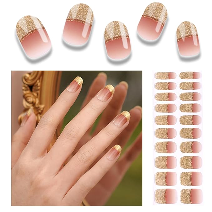 Semi Cured Gel Nail Strips, 20pcs Real Nail Polish Art Stickers, Golden Sunset Gel Nail Stickers - Work with Any UV Lamp, Long Lasting Full Wraps with Nails File and Stick