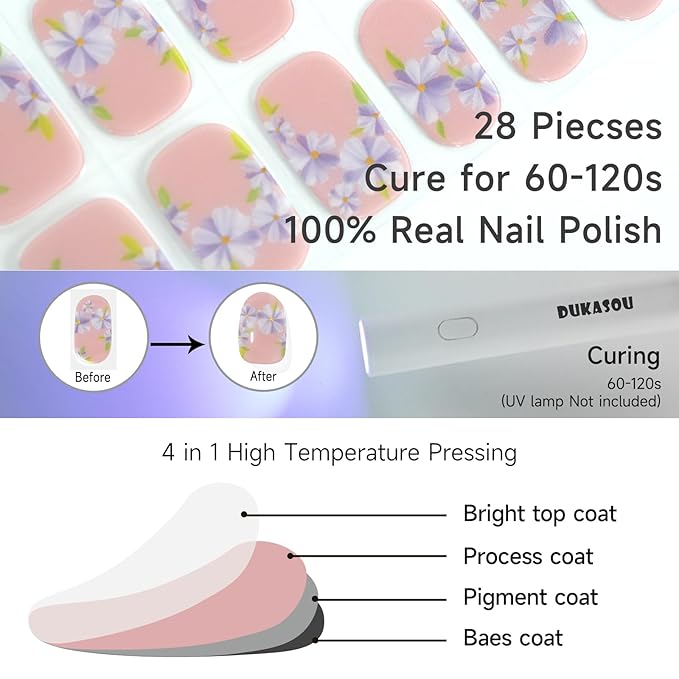 Semi Cured Gel Nail Strips, Eustoma | 28 pcs Gel Nail Strips Work with Any UV Lamp, Salon Quality UV Nails Stickers, Easy to Apply for Home Nails DIY