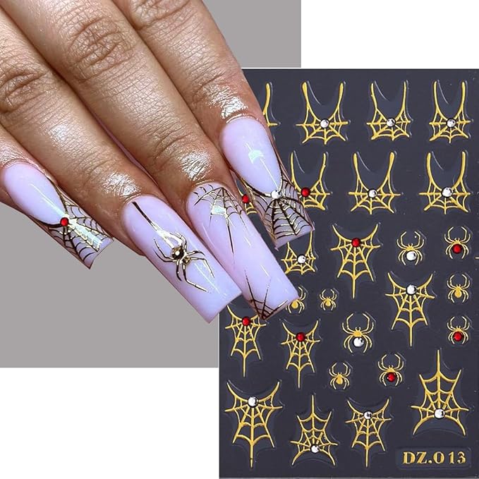 Spider Web Nail Stickers Halloween Nail Decals 3D Self Adhesive Nail Stickers for Nails Bow Heart Spider with Rhinestone Design White Gold Fall Nails Sticker for Women DIY Holiday Manicure 4 Sheet