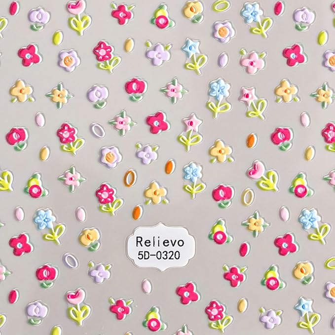 Colorful Flower Nail Stickers for Nail Art, 5D Embossed Nails Art Stickers Decals Self Adhesive Floral Nail Sticker for Women Spring Nails Sticker Decoration