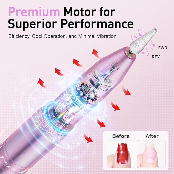 Cordless Nail Drill, Portable Electric Nail File with 11 in 1 Nail Drill Bits for Acrylic Gel Dip Powder Nails, Rechargable Efile Nail Drill Machine Kit for Home Manicure Pedicure, Purple