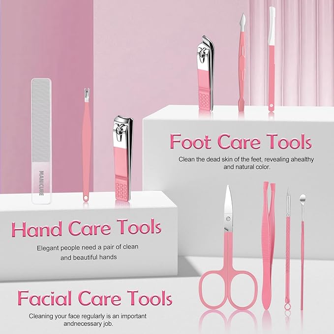 Manicure kit 10 in 1 Professional manicure kit for Women, nail kit,Grooming kit,Manicure Set Personal care Manicure set women,Nail Care Tools with Luxurious Travel Case(pink)