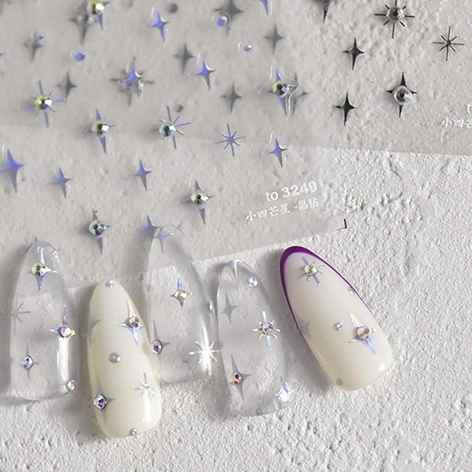 1Sheet Silver Star Nail Decals 5D Embossed Self-Adhesive Diamond Star Nail Sticker Shiny Rhinestones Stars Nail Design Holographic Stars Nails Decoration Mini Nails Supplies for Women Manicure DIY