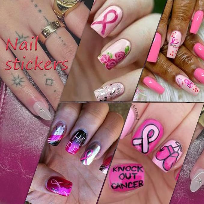 6 Sheets Breast Cancer Nail Art Stickers - 3D Self-Adhesive Heart Letter Nail Decals Pink Ribbon Breast Cancer Nail Designs for Women & Girls Acrylic Manicure Salon