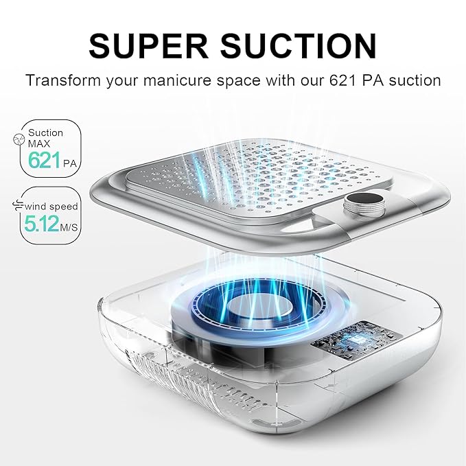 L'UGX Rechargeable Nail Dust Collector for Acrylic Nails, 10-Gear Professional Nail Vacuum Duster Extractor Cleaner With 2 Reusable Filters for Salon Use,Powerful