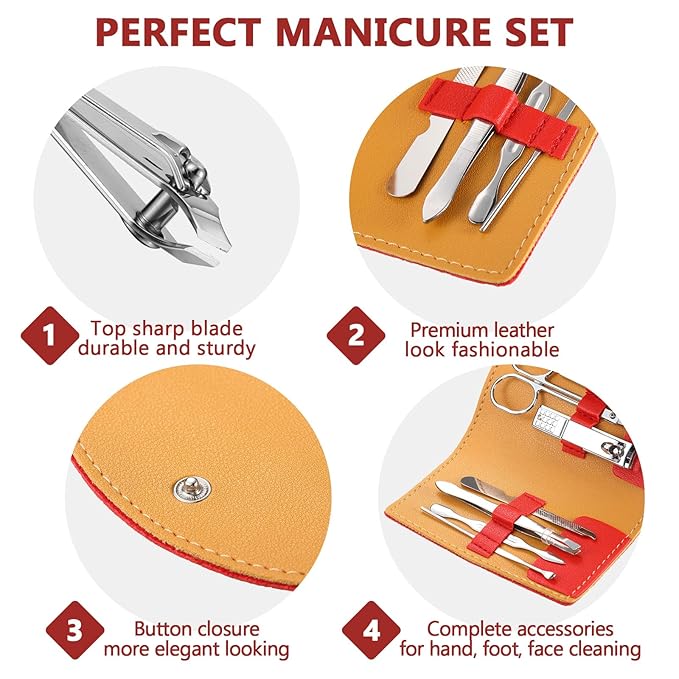 12 Set Manicure Set Bulk Mini Manicure Nail Clipper Kit 7 in 1 Stainless Steel Professional Nail Care Pedicure with Travel Portable Bag Grooming Kits for Christmas Women Men Home(Red)