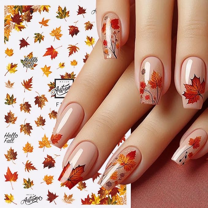 Fall Nail Stickers for Nail Art Maple Leaf Nail Decals 6PCS 3D Self-Adhesive Autumn Leaves Deer Pattern Design Stickers Decoration for Women DIY Holiday Party Nail Supplies Charms Accessories