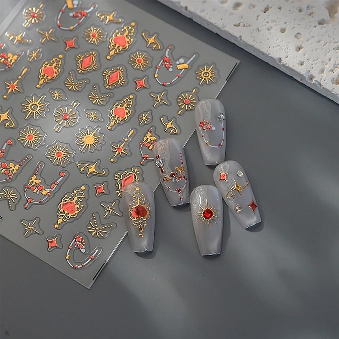 标题： 5D Embossed Bohemia Nail Sticker Self-Adhesive Star Nail Art Stickers Golden Stars Moon Sun with Diamond Design Bohemian Style Nail Art Supplies Gold Nail Decals for Women Manicure Decorations DIY