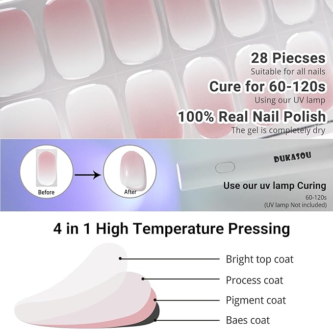 Semi Cured Gel Nail Strips, Pink Gradient | 28pcs Real Polish Art Stickers/Wraps, Includes Prep Pads, File & Wood Stick, for Women Girls Kids DIY Gift
