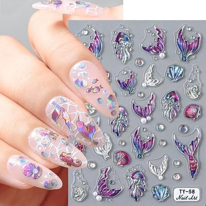 Colorful Mermaid Tail Nail Art Stickers 5D Embossed Ocean Fish Tail Nail Decals with Pearl Design Nail Sticker Self-Adhesive Seashell Starfish Nail Decal Summer Sea Nails Supply for Women Nails Decor