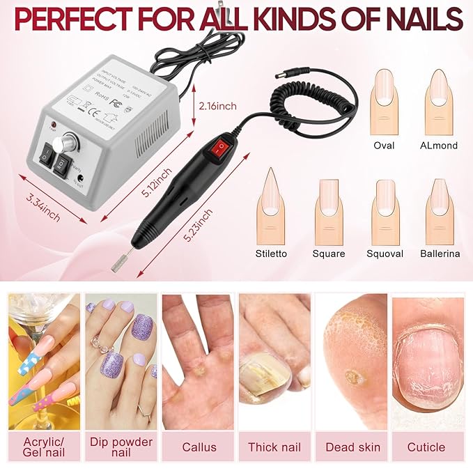 Professional Electric Nail Drill Machine Nails File Manicure Pedicure Set for Acrylic Gel Dip Powder Art Shape Remover Tool Polisher Grinder Low Noise with 6 Drill Bits 156pcs Sanding Bands