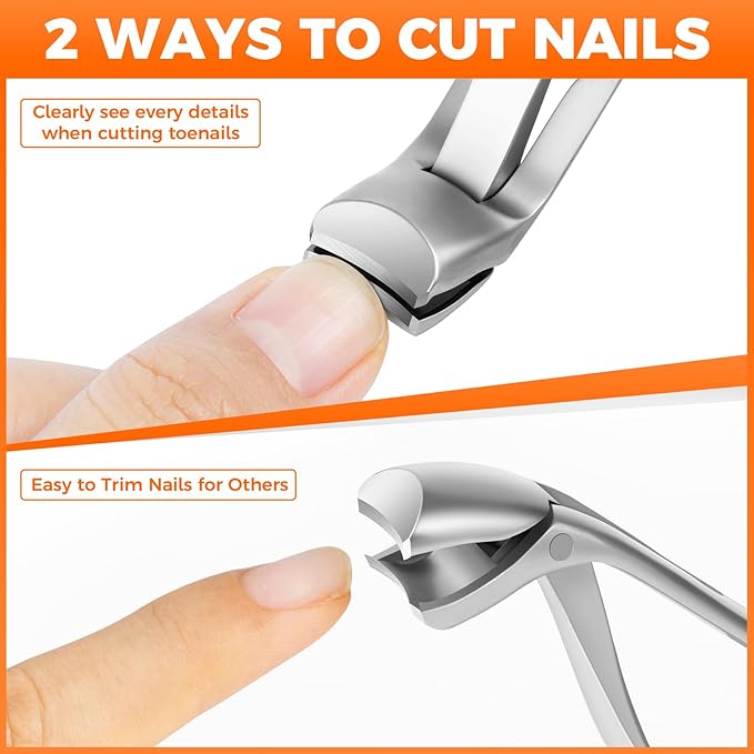 Toenail Clippers for Thick Nails for Seniors, Angled Head Large Toe Nail Clippers for Men with Catcher, Heavy Duty Wide Opening Fingernail Clippers Ultra Sharp Nail Cutter Trimmer- Silver