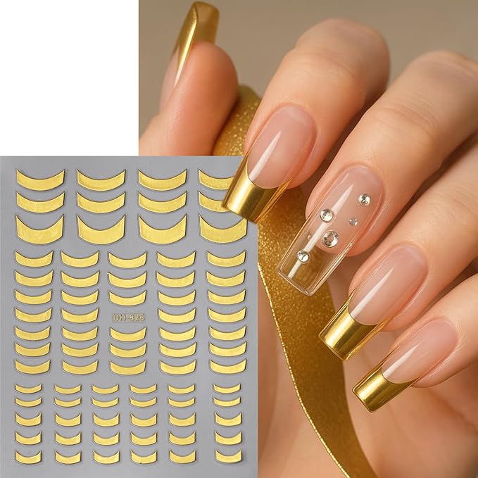 8 Sheets Gold Silver French Stripe Line Nail Stickers, 3D Self-Adhesive Decals with Gold Silver Geometric Waved Curve Lines Design for Elegant French Tips and DIY Manicure Decoration