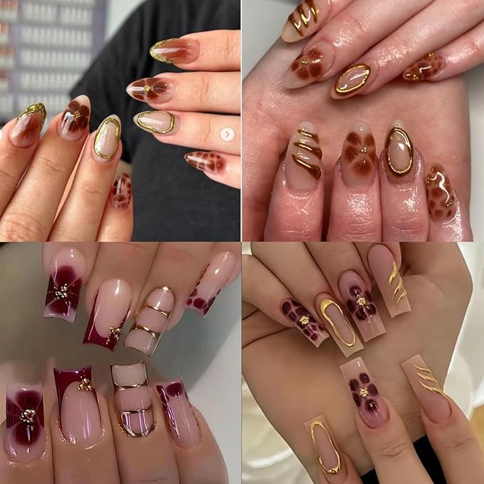 2 Pcs Leopard Print Nail Stickers Fall Decals for Nial Art French Nail Art Design 5D Embossed Brown Flower Nail Supplies Golden Circle Nail Art Accessories for Women Autumn DIY Manicure Decoration
