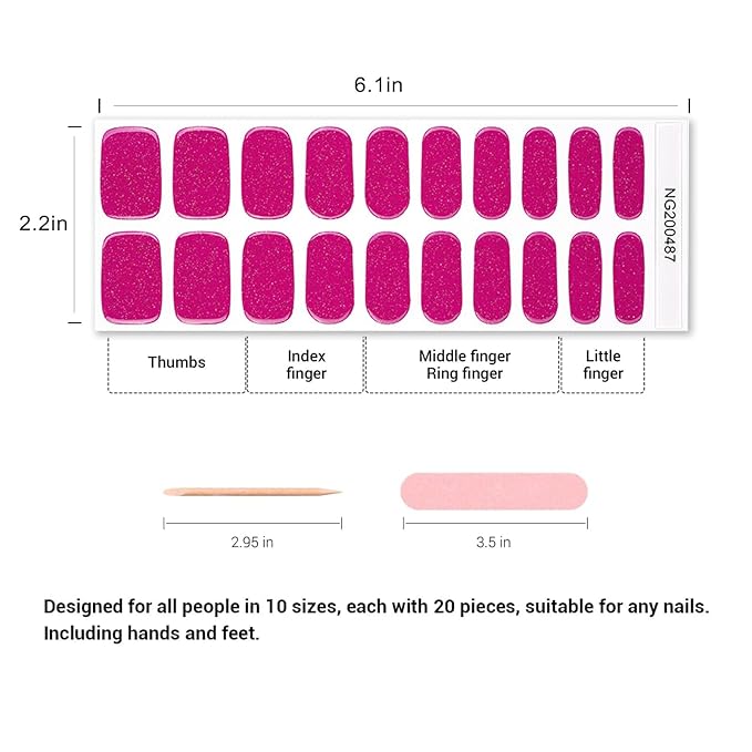 Semi Cured Gel Nail Strips, 20pcs Sparkling Berry Pink Gel Nail Stickers - Works with Any UV Lamps, Long Lasting Full Wraps, Easy to Apply and Remove