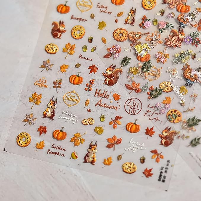 Fall Nail Art Stickers 5D Embossed Self Adhesive Maple Leaf Pumpkin Nails Decals 1PCS Autumn Cute Squirrel Pine Cones Fallen Leaves Design Thanksgiving Nail Stickers for Women DIY Manicure Accessories