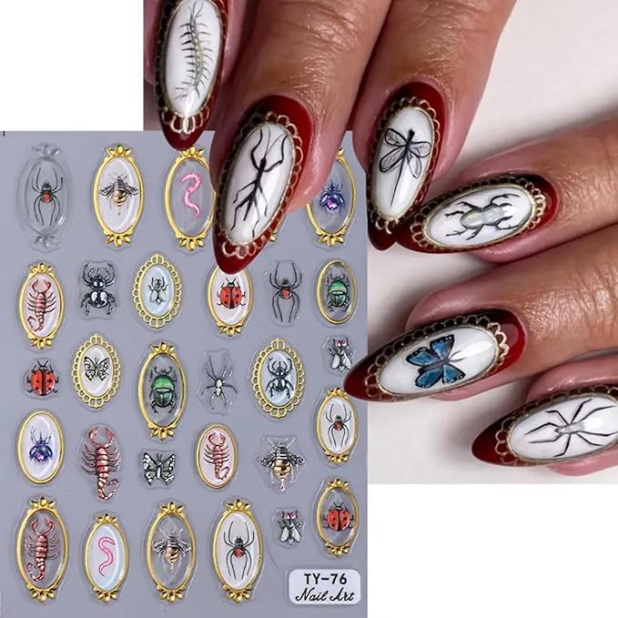 Insect Nail Art Stickers Decals 5D Embossed Nail Art Decals 5D Nail Stickers Amber Spider Ladybug Scorpion Butterfly Insect Nails Designs Cute Halloween Nail Accessories for Acrylic Nails Decorations