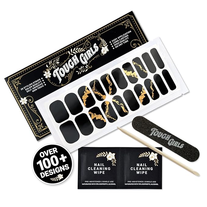 | 20 Exquisite Gel Nail Polish Strips w/Application Accessories - No UV/LED Lamp Required (Gold Flake & Black)