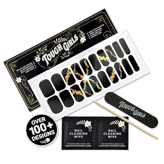| 20 Exquisite Gel Nail Polish Strips w/Application Accessories - No UV/LED Lamp Required (Gold Flake & Black)