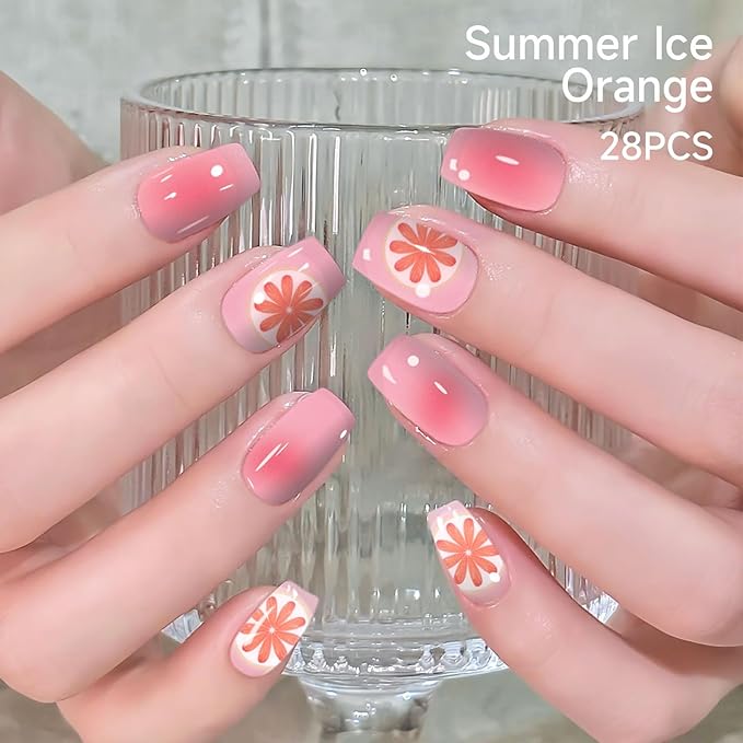 Semi Cured Gel Nails Strips, 28 pcs Gel Nail Stickers Work with Any UV Lamp, Nail Wraps for Women Girls Home DIY Nails Art (Summer Ice Orange)