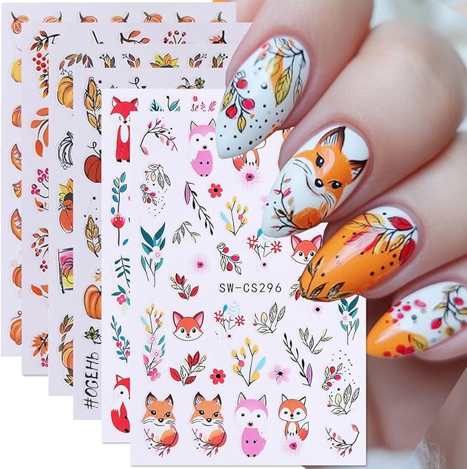Fall Nail Art Stickers Autumn Leaf Pumpkin Nail Stickers 6PCS 3D Self-Adhesive Foxes Leaves Floral Pumpkin Design Nail Decals Nail Art Supplies Fall Sticker Sliders for Nails DIY Manicure Decorations