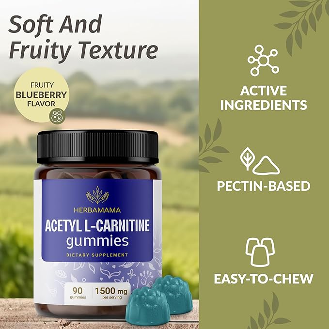 HERBAMAMA ALCAR Acetyl L-Carnitine 1500mg Gummies - L Carnitine Supplement for Energy, Focus & Brain Support - Vegan, Non-GMO - 90 Pectin-Based Blueberry-Flavored Chews