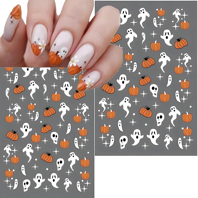 12 Sheets Halloween Nail Stickers Pumpkin Flower Nail Art Stickers 3D Self-Adhesive Bat Ghost Nail Decals Spider Nail Supplies Spider Web Nail Art Decoration for Women and Girls