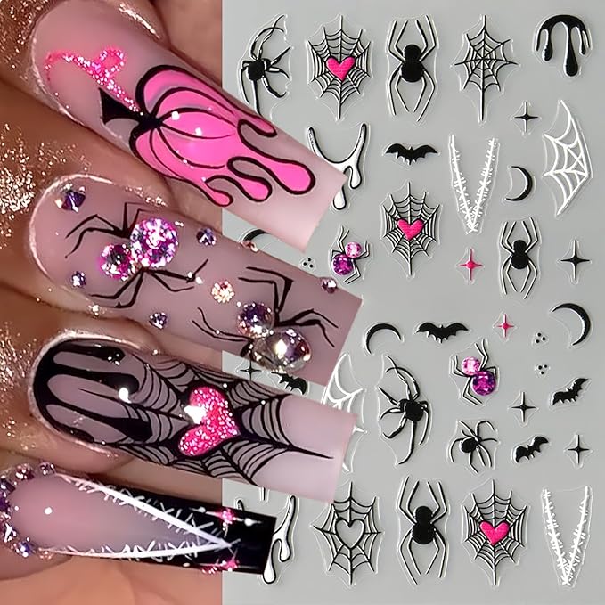 8 Sheet Halloween Nail Stickers Ghost Bat Spider Nail Decals 3D Self-Adhesive Spider Web Spooky Bat Spider Nail Art Stickers Design Gothic Nail Art Supplies for Holiday Acrylic DIY Nail Decoration