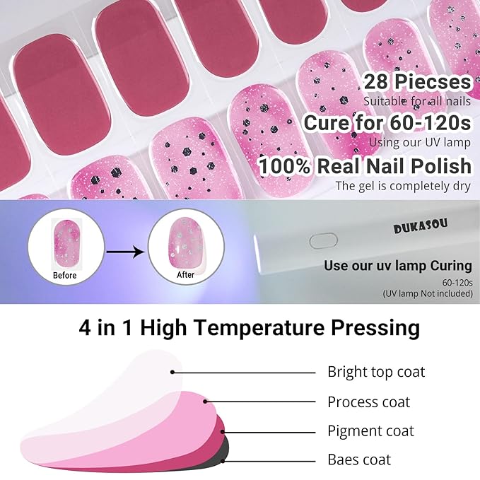 Semi Cured Gel Nail Strips, Berry Plum | 28 pcs Gel Nail Strips Work with Any UV Lamp, Salon Quality UV Nails Stickers, Easy to Apply for Home Nails DIY