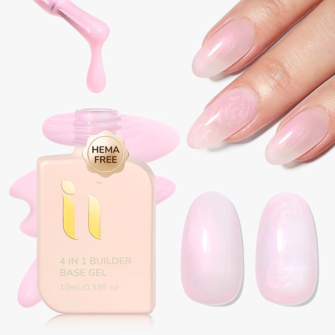 Builder Rubber Base Gel, Soak Off Glitter Building Gel Hema Free for Beginners & DIY, Shine Finish Long Lasting Skin Tones Fall Nail Polish LED UV Curing