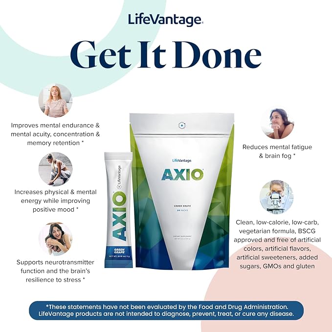 LifeVantage AXIO Regular Energy Drink Powder, Nootropic Supplement, Focus & Mood Support, with L-theanine, Green Tea, B Vitamins, DMAE, Quercetin & Pine Bark, Green Grape, 30 Packets