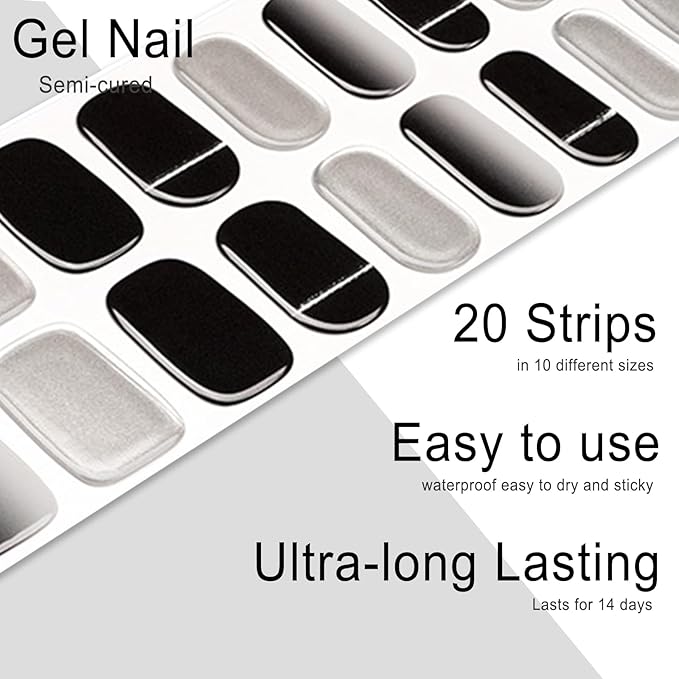 Semi Cured Gel Nail Strips, 20pcs Phantom Black Grey Gel Nail Stickers - Works with Any UV Lamps, Long Lasting Full Wraps, Easy to Apply and Remove