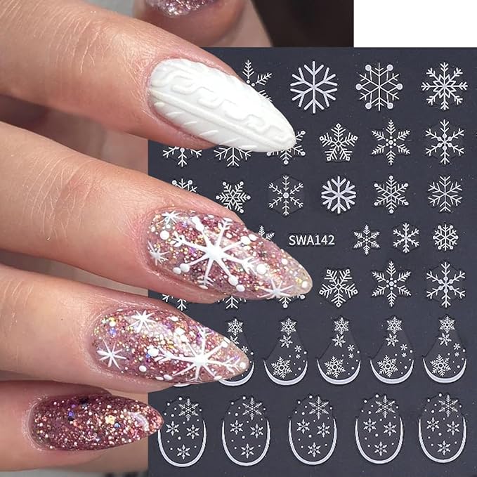 Snowflake Nail Stickers Christmas Nail Art Stickers French Tips Nail Decals Gold White Blue Mixed Shape Snowflake Design Winter Nail Sticker for Nail Art Women DIY Manicure Decoration 6 Sheets