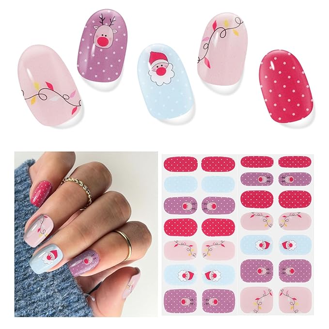 Semi Cured Gel Nail Strips,28 pcs Christmas Nail Stickers for Women,Long Lasting Gel Strips with Any UV Light,Santa Sticker for Nails Easy to Apply