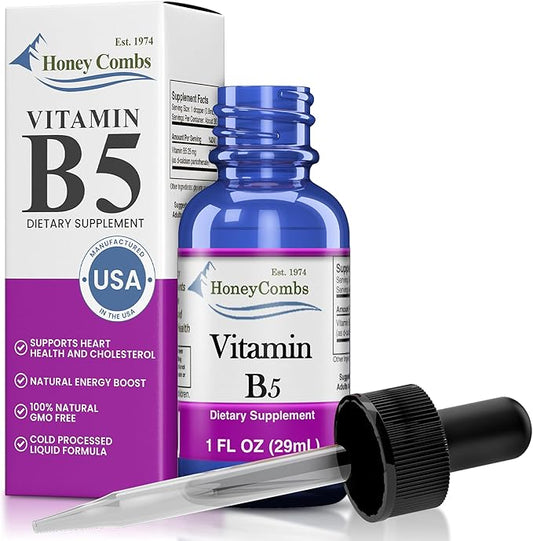 HoneyCombs Vitamin B5 Pantothenic Acid Supplement Liquid Drops - High Potency Vitamin B5 for Men & Women - Maintain Healthy Hormones, Immune System, Hair, Skin, Nails - Vegan Liquid Vitamins (1 Fl oz)