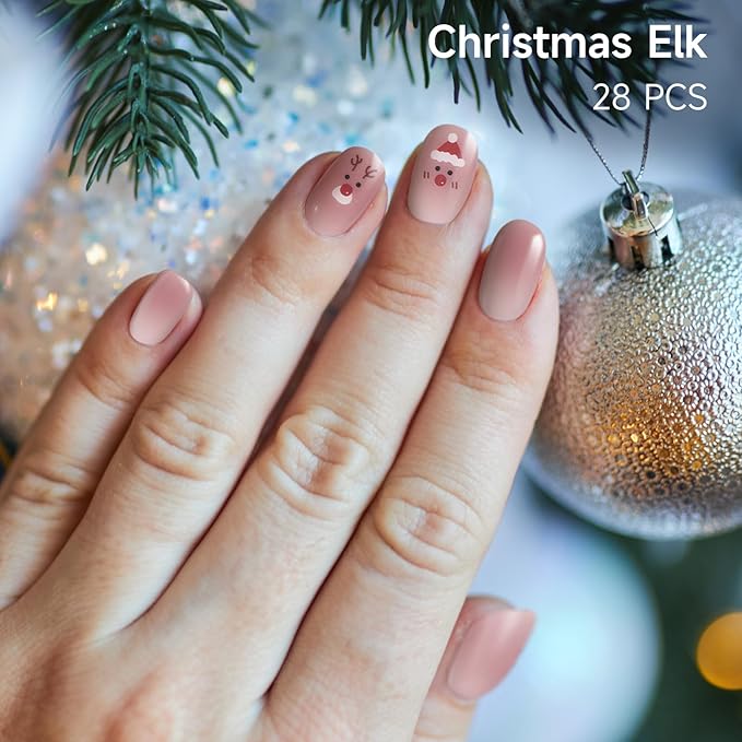 Semi Cured Gel Nail Strips, 28 pcs Christmas Elk Gel Nail Stickers Full Nails Wraps for Women, Long Lasting UV Nail Strips for Home DIY Nails Art UV Light Require